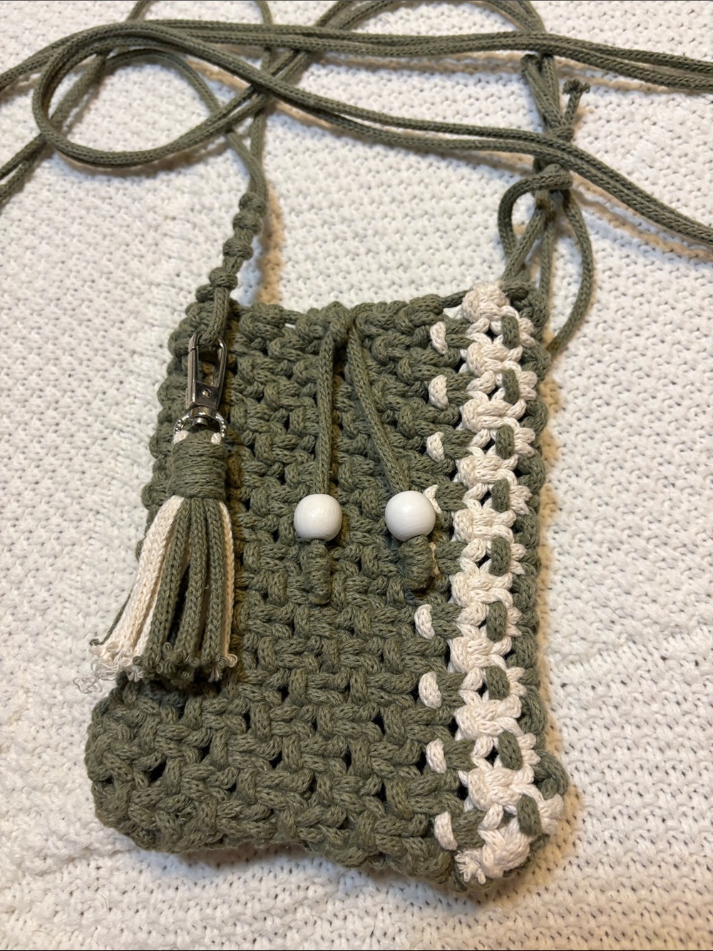 Handmade Crochet Crossbody Bag Olive Green Boho Drawstring Mini Pouch